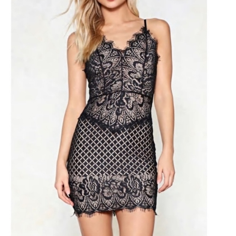 Lucy Wang black lace Mini dress lined size Large Whimsigoth Body Con Cocktail